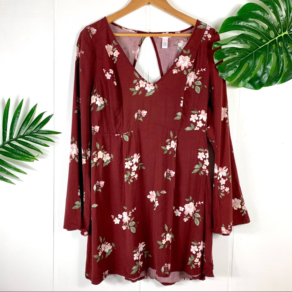 FULL TILT Maroon Floral Long Sleeve Mini Dress XL